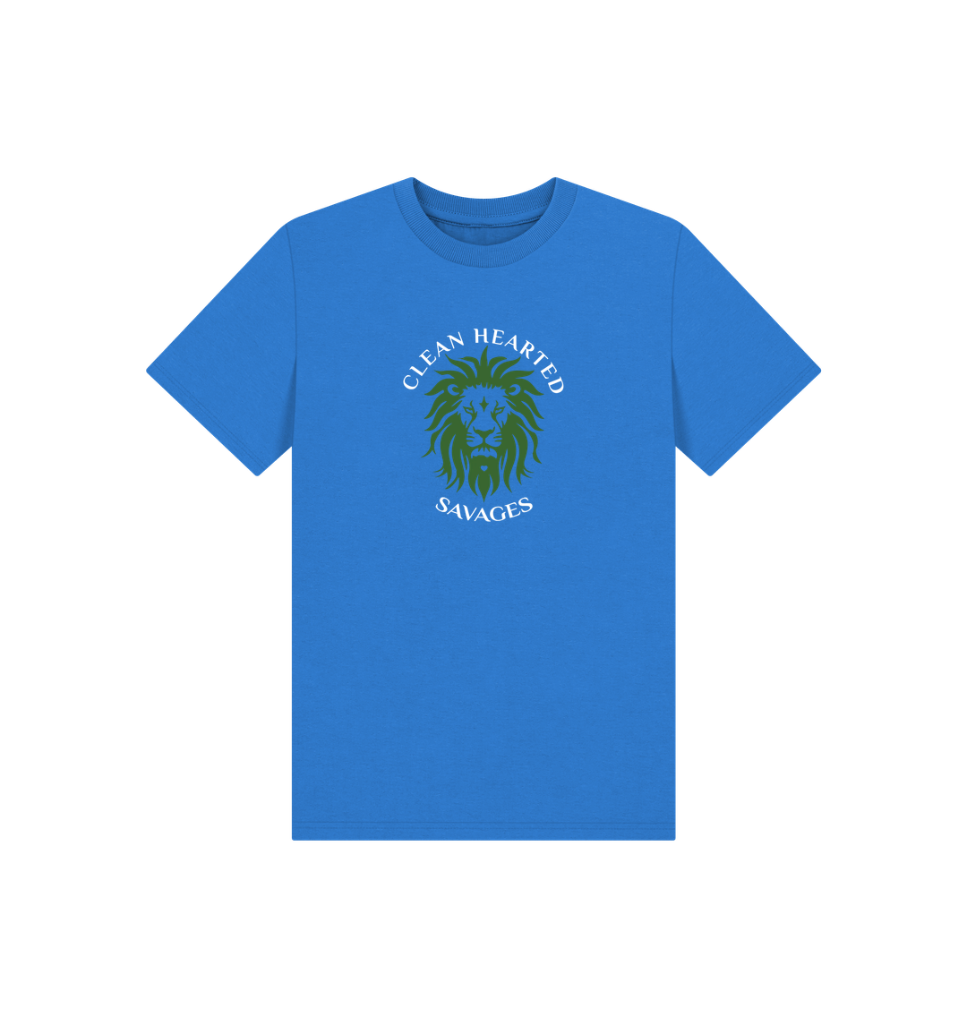 Bright Blue Organic Kids T-Shirt Classic Lion Front