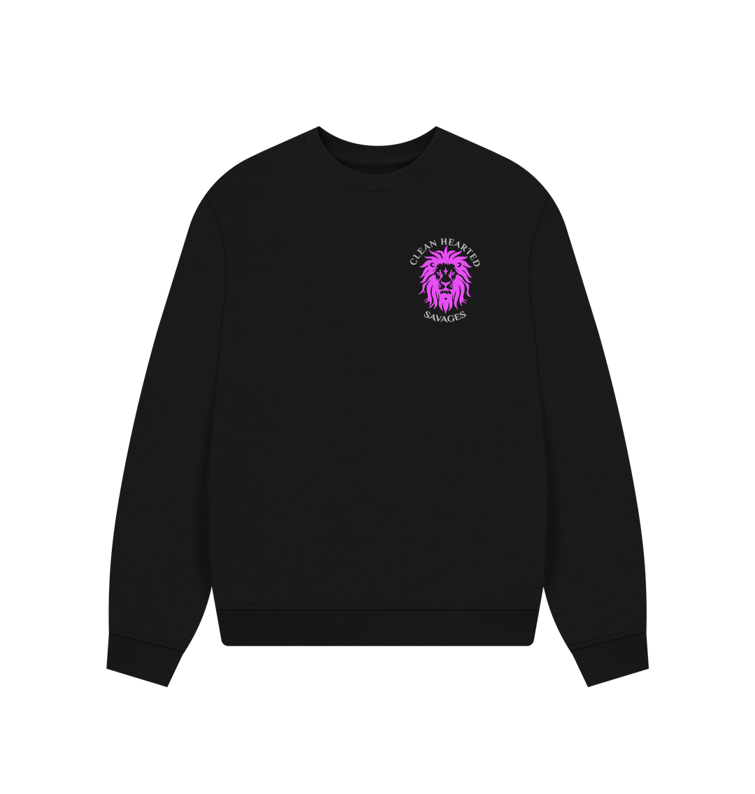 Black Women's Oversized Sweatshirt with Pink Lion**