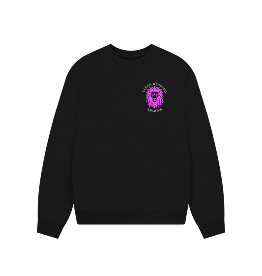 Black Women's Oversized Sweatshirt with Pink Lion**